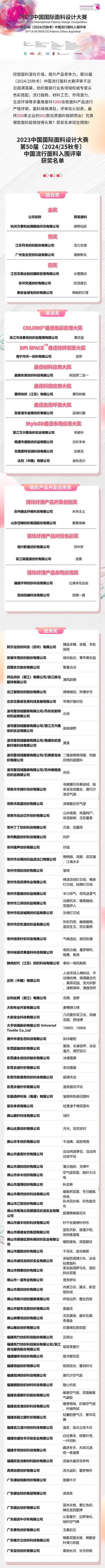 重磅揭曉！第50屆（2024/25秋冬）中國流行面料入圍評審獲獎名單公布！